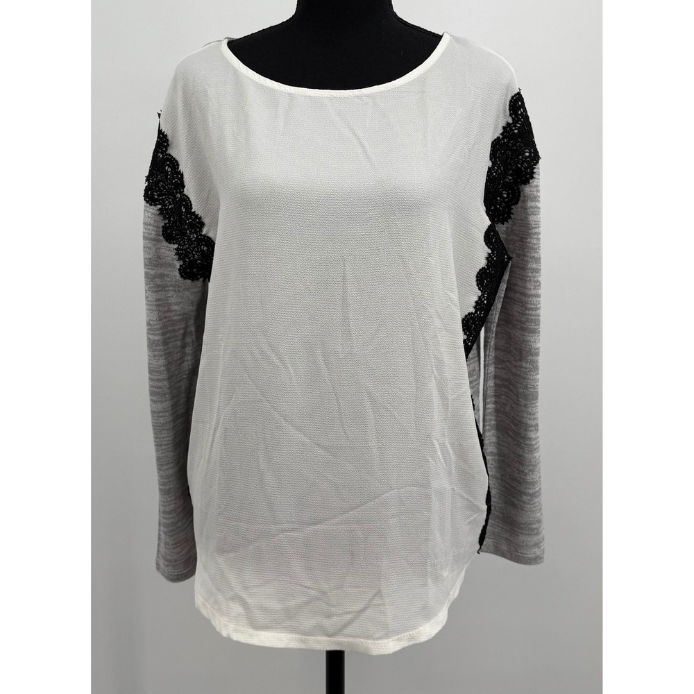 Springfield Women's L Lace Trim Long Sleeve Top‎ Preppy Office Minimalist Casual